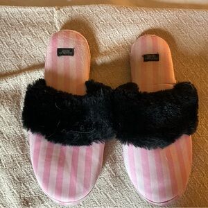 Victoria's Secret Pink Striped Slippers with Black Fur